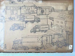 Personal Scrap Book Portfolio with Hand Drawn Illustrations of period cars, trucks, boats, architecture. Circa 1940's. LOOK!