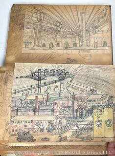 Personal Scrap Book Portfolio with Hand Drawn Illustrations of period cars, trucks, boats, architecture. Circa 1940's. LOOK!