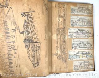 Personal Scrap Book Portfolio with Hand Drawn Illustrations of period cars, trucks, boats, architecture. Circa 1940's. LOOK!