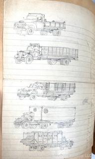 Personal Scrap Book Portfolio with Hand Drawn Illustrations of period cars, trucks, boats, architecture. Circa 1940's. LOOK!