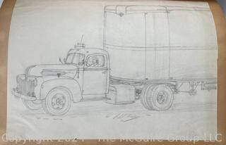 Personal Scrap Book Portfolio with Hand Drawn Illustrations of period cars, trucks, boats, architecture. Circa 1940's. LOOK!