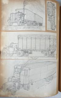 Personal Scrap Book Portfolio with Hand Drawn Illustrations of period cars, trucks, boats, architecture. Circa 1940's. LOOK!