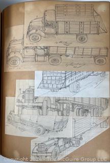 Personal Scrap Book Portfolio with Hand Drawn Illustrations of period cars, trucks, boats, architecture. Circa 1940's. LOOK!