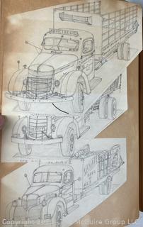 Personal Scrap Book Portfolio with Hand Drawn Illustrations of period cars, trucks, boats, architecture. Circa 1940's. LOOK!