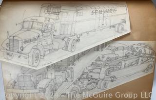 Personal Scrap Book Portfolio with Hand Drawn Illustrations of period cars, trucks, boats, architecture. Circa 1940's. LOOK!