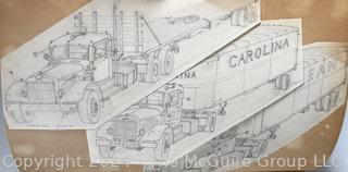 Personal Scrap Book Portfolio with Hand Drawn Illustrations of period cars, trucks, boats, architecture. Circa 1940's. LOOK!