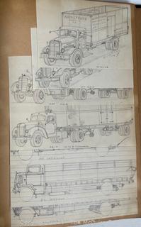 Personal Scrap Book Portfolio with Hand Drawn Illustrations of period cars, trucks, boats, architecture. Circa 1940's. LOOK!