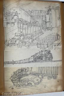 Personal Scrap Book Portfolio with Hand Drawn Illustrations of period cars, trucks, boats, architecture. Circa 1940's. LOOK!