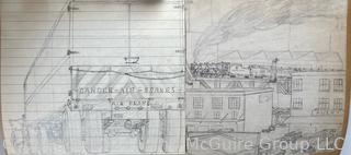 Personal Scrap Book Portfolio with Hand Drawn Illustrations of period cars, trucks, boats, architecture. Circa 1940's. LOOK!