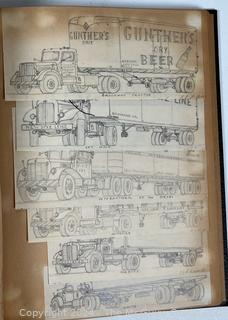 Personal Scrap Book Portfolio with Hand Drawn Illustrations of period cars, trucks, boats, architecture. Circa 1940's. LOOK!