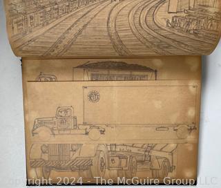 Personal Scrap Book Portfolio with Hand Drawn Illustrations of period cars, trucks, boats, architecture. Circa 1940's. LOOK!