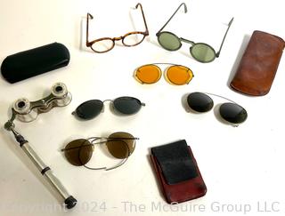 Eyeglass Frames, Clip Over Sun Glasses and French Audemair Mother Of Pearl Opera Glasses 