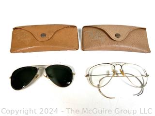 Pair of 1950's B&L Ray Ban Gold Tone Aviator Style Frames with Prescription Lenses.  Sunglasses Need Parts