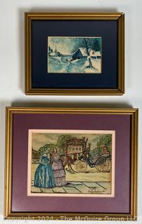 Framed Under Glass Watercolor of Winter Scene Signed by Artist D Austin, 1857 and Embroidered Fashion Scene, 1843