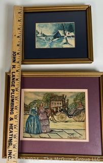 Framed Under Glass Watercolor of Winter Scene Signed by Artist D Austin, 1857 and Embroidered Fashion Scene, 1843