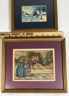 Framed Under Glass Watercolor of Winter Scene Signed by Artist D Austin, 1857 and Embroidered Fashion Scene, 1843