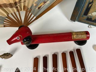 Wood Dachshund Toothpick Holder, Cutlery, Leather Embossed Scrap Book Cover, 1920's Promotional Folding Hand Fan Souvenir & Pocket Knives