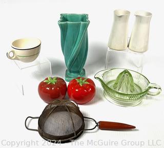 Mid Century Pottery Vase, Green Glass Reamer, Tomato Shakers, Etc.