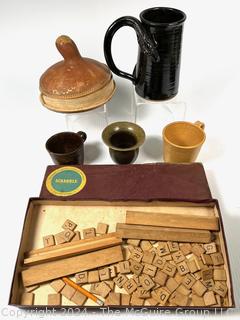 Hand Thrown Jugtown Ware Pottery Mugs, Gourd Lidded Box and Scrabble Game.  Damage to mugs