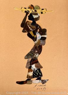 Botswana African Butterfly Wing Collage Titled Ladies from Madhav, Signed by Artist.  First of two offered in this auction.  11" x 16" 