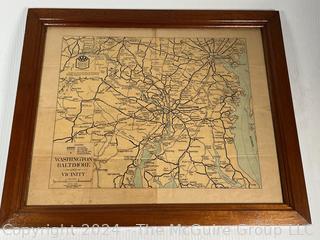 Framed Under Glass AAA Road Map of Washington DC, Baltimore and Surrounding Areas circa 1920's