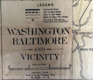 Framed Under Glass AAA Road Map of Washington DC, Baltimore and Surrounding Areas circa 1920's