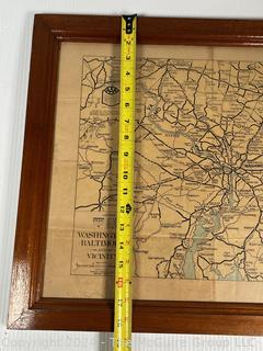 Framed Under Glass AAA Road Map of Washington DC, Baltimore and Surrounding Areas circa 1920's