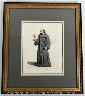 Framed Under Glass Color Lithograph Titled ‘Franciscan' from "Costumes Historiques de Femmes du XIII, XIV et XV siècle" by C. Bonnard. Published 1860. 13 x 15"