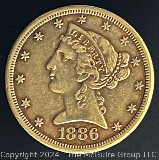 1886-S $5 Liberty Head Gold Coin {AUTOMATIC BILLING OF CREDIT CARDS ON FILE ARE DISABLED FOR THIS LOT.  PAYMENT MUST BE BY CERTIFIED FUNDS ONLY BEFORE OR AT REMOVAL}