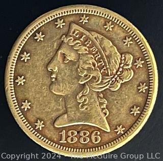 1886-S $5 Liberty Head Gold Coin {AUTOMATIC BILLING OF CREDIT CARDS ON FILE ARE DISABLED FOR THIS LOT.  PAYMENT MUST BE BY CERTIFIED FUNDS ONLY BEFORE OR AT REMOVAL}