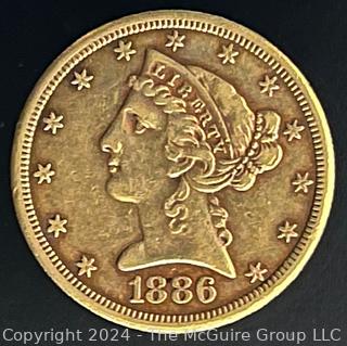 1886-S $5 Liberty Head Gold Coin {AUTOMATIC BILLING OF CREDIT CARDS ON FILE ARE DISABLED FOR THIS LOT.  PAYMENT MUST BE BY CERTIFIED FUNDS ONLY BEFORE OR AT REMOVAL}