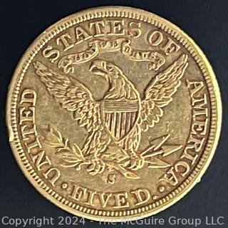 1886-S $5 Liberty Head Gold Coin {AUTOMATIC BILLING OF CREDIT CARDS ON FILE ARE DISABLED FOR THIS LOT.  PAYMENT MUST BE BY CERTIFIED FUNDS ONLY BEFORE OR AT REMOVAL}