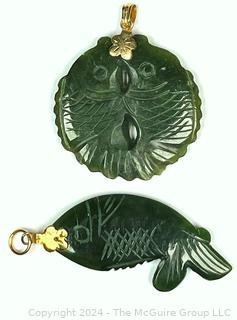 Two (2) Asian Hand Carved Green Stone Fish Pendants