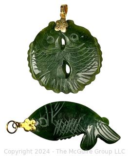 Two (2) Asian Hand Carved Green Stone Fish Pendants