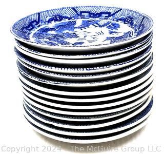 Set of Fourteen (14) Vintage Blue Willow Porcelain 6" Saucers Plates, Made in Japan.  