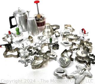 Collection of Cookie Cutters, Hand Chopper, Stove Top Coffee Pot and Cocktail Shaker