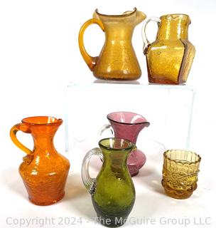 Six (6) Pieces of Mid Century Art Glass Including Blenko Crackle Glass Pitchers and One Uranium Glass