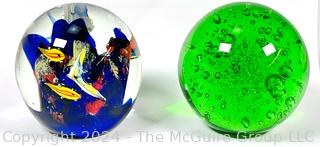 Two (2) Hand Blown Glass Paperweights, One with Fish