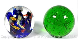 Two (2) Hand Blown Glass Paperweights, One with Fish