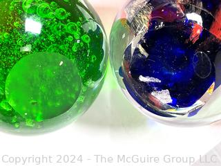 Two (2) Hand Blown Glass Paperweights, One with Fish