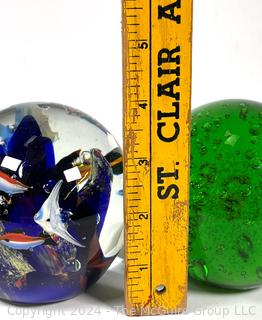 Two (2) Hand Blown Glass Paperweights, One with Fish