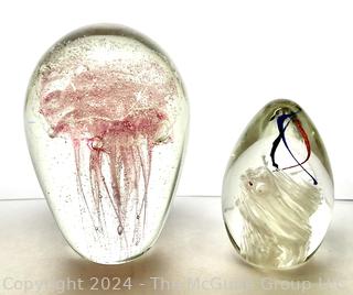 Two (2) Hand Blown Glass Paperweights, One with Jellyfish