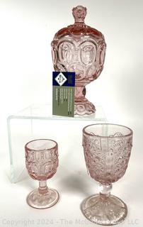 Three (3) Pink Compote Candy Dish and Goblets by L.E. Smith in Moon and Stars Pattern