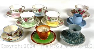 Nine (9) Porcelain Teacups and Saucers, Mixed Patterns, Mostly Continental