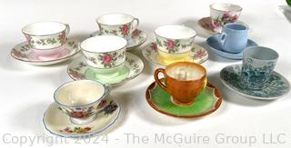 Nine (9) Porcelain Teacups and Saucers, Mixed Patterns, Mostly Continental