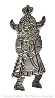 Sterling Silver Hand Wrought Mayan Warrior Brooch with Articulated Feet, Signed by Navajo Artist, Kristi Davis. Dated 1988 on back. 8.4g