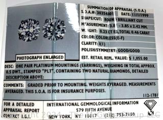 Pair of Round Brilliant Cut Natural Diamond Stud Earrings in Platinum Mounts, Totaling .46 Carats for the Pair. Includes International Gemological Appraisal dated 1999. Colorless (E-F) Clarity I(I). 3.5mm Missing one earring back.