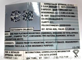 Pair of Round Brilliant Cut Natural Diamond Stud Earrings in Platinum Mounts, Totaling .46 Carats for the Pair. Includes International Gemological Appraisal dated 1999. Colorless (E-F) Clarity I(I). 3.5mm Missing one earring back.