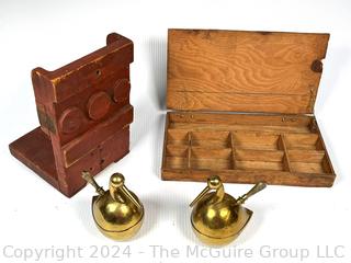 Foundry Mold, Divided Wooden Box and Two (2) Brass Jeweler's Torches.