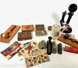 Retro "Candlestick" Rotary Phone, Metal Tins, Staplers, Two Gavels on Boards and Christmas Ephemera 